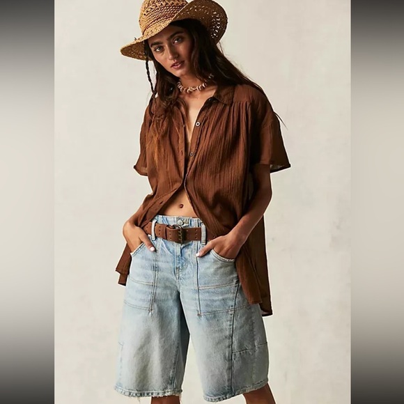 Free People Tops - Free People Float Away Button Down Cotton Shirt Neutral Beachy Oversized Blouse